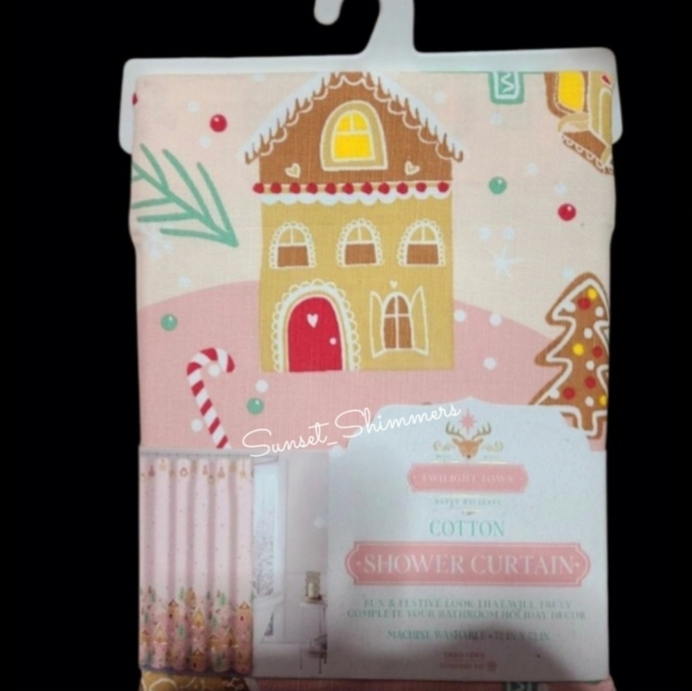 Pink Gingerbread House Christmas Village Fabric Shower Curtain Bathroom Decor